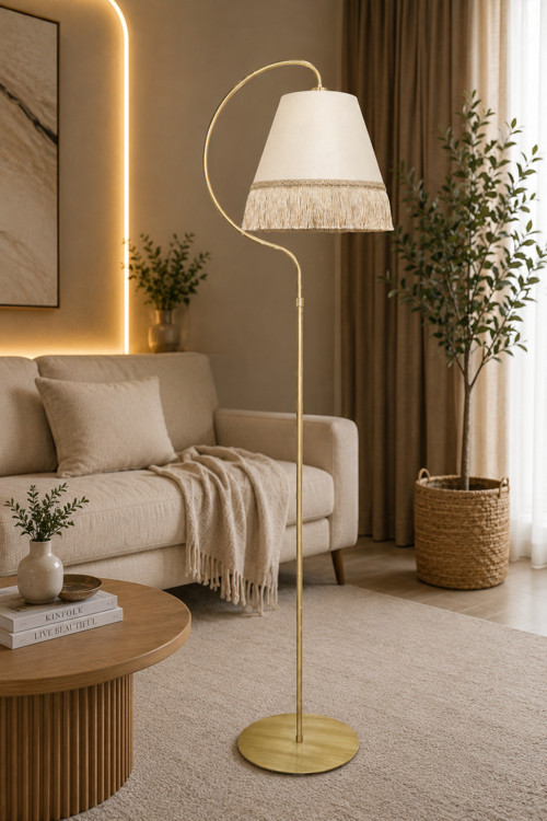 Lambader Çise Metal Gövde Krem Sarı Patine Abajur ⭐️ Krem Kumaş Şapka Sarı Püsküllü Salon Köşe Lamba