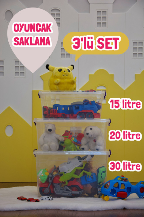 Plastik Kilitli Kapaklı Yatay Oyuncak Saklama Kutusu (15-20-30) 3 lü Set