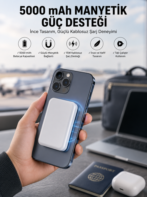 tekno 5000 Mah İOS Uyumlu Magsafe Kablosuz Şarj Hızlı Şarj Desteği 2026