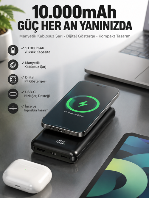 tekno 10.000 Mah Powerbank 4 Portlu Hızlı Şarj Dijital Göstergeli 2026