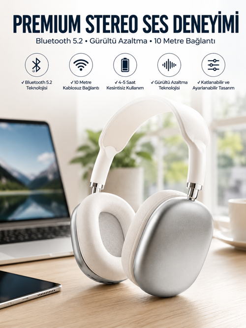 tekno P9 Plus Kablosuz Kulak Üstü Bluetooth Kulaklık Beyaz Yüksek Ses Kaliteli 2026