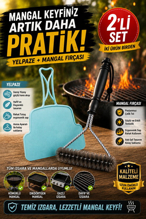 2'li Set Mangal Yelpazesi ve Izgara Temizlik Fırçası Kamp Piknik Barbekü Mangal Aksesuarı Pratik