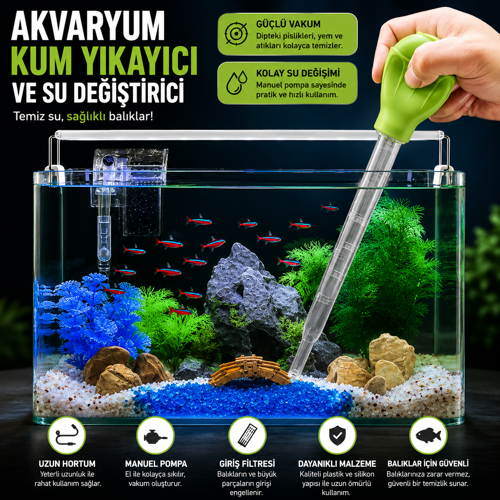 Manuel Akvaryum Su Değiştirici Kum Yıkayıcı Sifon Pompası Güçlü Vakumlu Dip Temizleme Aparatı Balık Dostu Akvaryum Temizlik Seti