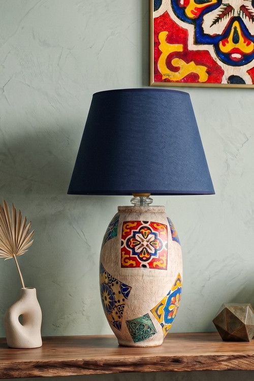 Ciment Handmade Desenli Abajur Lacivert
