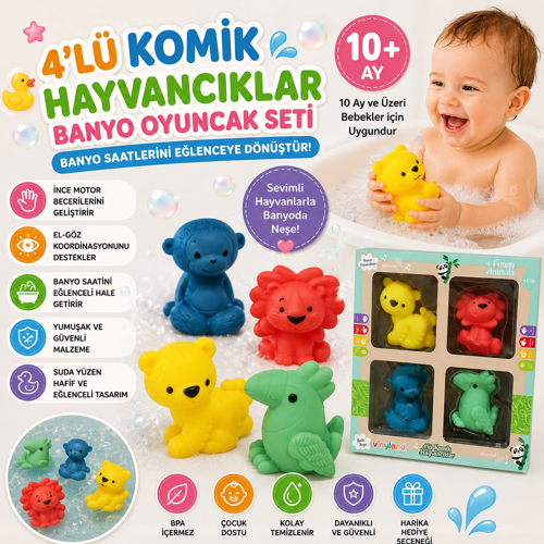 4'lü Komik Hayvancıklar Banyo Oyuncak Seti Yumuşak Suda Yüzen Sevimli Hayvan Figürleri