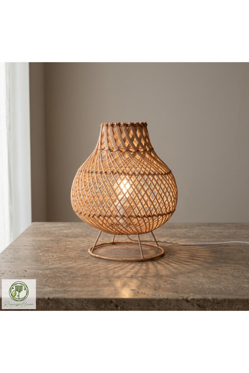 Ruwa El Yapımı Rattan Masa Lambası – Doğal Rattan Abajur Bohem Dekoratif Gece Lambası