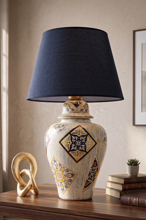 Mer Handmade Desenli Seramik Abajur Lacivert