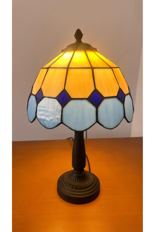 El Yapımı Vitray Retro Barok Abajur Masa Lambası Oturma Yatak Odası mavi beyaz