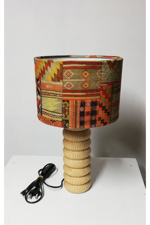 Çul Kilim Desenli Başlık, Doğal Ahşap Abajur