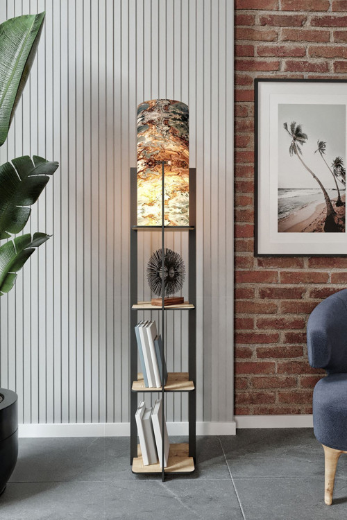 Luna Meşe Raflı Mist Modern Dekoratif Lambader