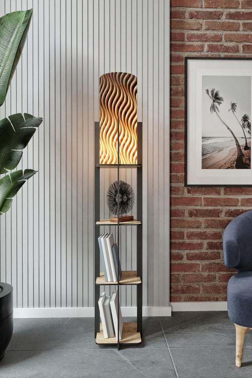Luna Meşe Raflı Wave Modern Dekoratif Lambader