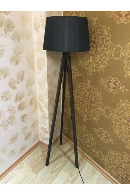 Konik Lambader 3 Ayaklı Ahşap Abajur Başlık Siyah Kahverengi Ayak 7054