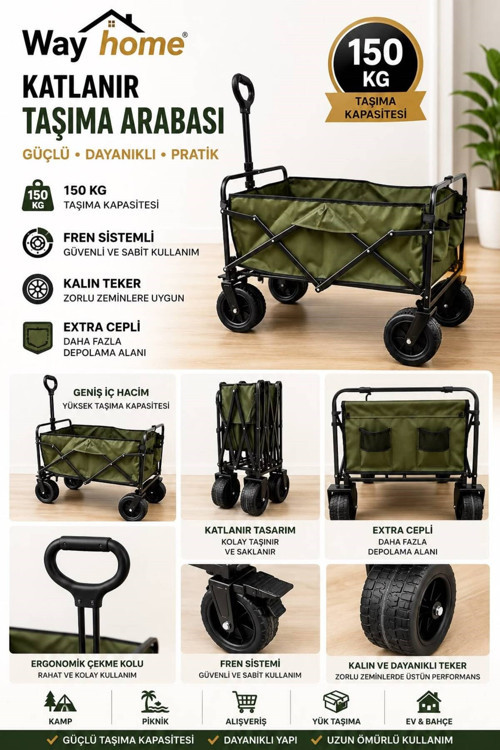 Way Home Katlanır Portatif Taşıma Aracı (YEŞİL) RZN028 Kamp, Piknik, Plaj, Pazar, FREN SİSTEMLİ KALI