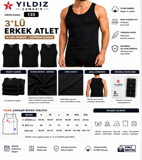 Erkek Süprem Askılı Atlet (00-135-136) - 3 Adet