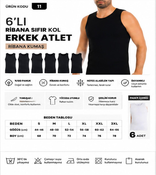 Erkek Ribana Sıfır Kol Bisiklet Yaka %100 Pamuk Fanila Atlet (10-11-14) - 6 Adet