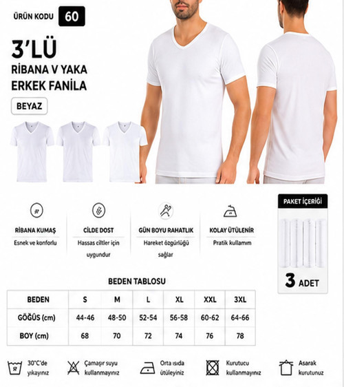 Erkek Ribana V Yaka %100 Pamuk Body Fanila Atlet (60-61-62) - 3 Adet