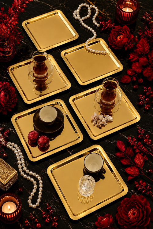 Orvessa 6'lı Gold Kare Paslanmaz Çelik Kahve Sunum Tepsisi Servis Çay Tepsisi Dekoratif Tepsi
