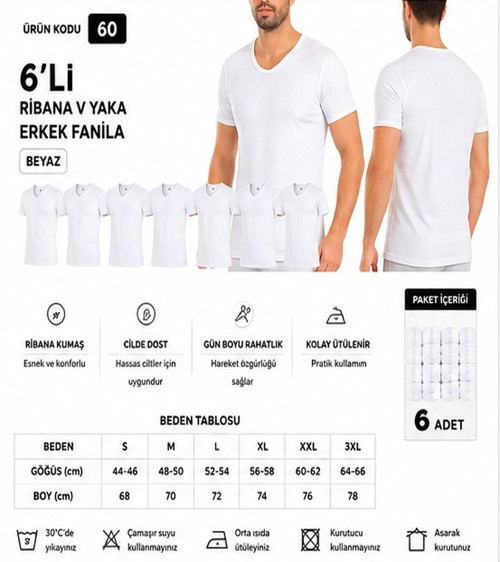 Erkek Ribana V Yaka %100 Pamuk Body Fanila Atlet (60-61-62) - 6 Adet