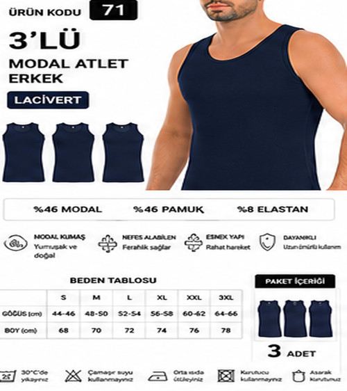 Erkek Modal Likralı Askılı Atlet (70-71-72-73-74) - 3 Adet