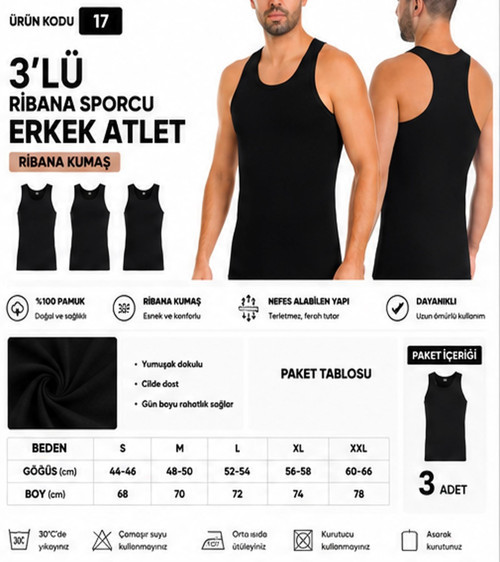 Erkek Ribana Sporcu %100 Pamuk Atlet (15-17-19) - 3 Adet