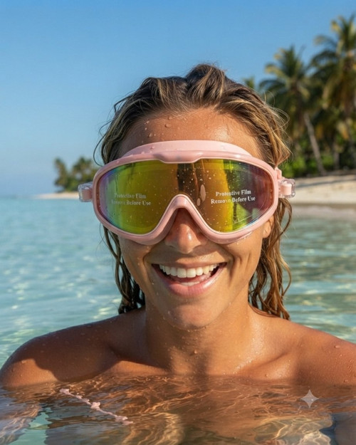 Yüzücü Dalış Gözlüğü Pembe Renk Koruyucu Filmli Kulak Tıkaçlı Özel Üretim Deniz Gözlük