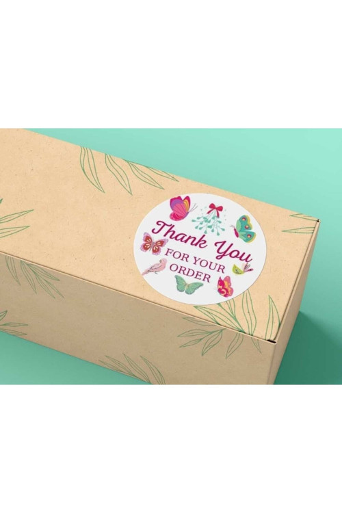 Pembe Thank You Order Sticker Mat Siparişiniz Için Teşekkürler Etiketi Kelebekler 4 Cm-40 Adet
