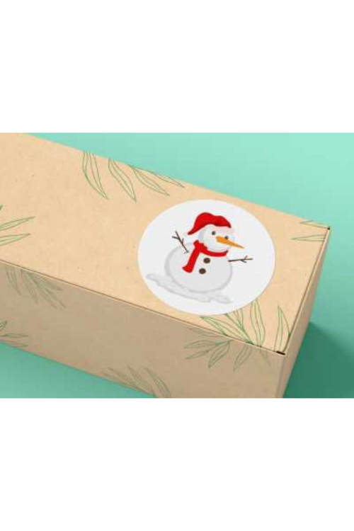 Kırmızı Şapkalı Kardan Adam Etiketi Sevimli Yuvarlak Mat Çıkartma Round Sticker 4 Cm (20 Adet)