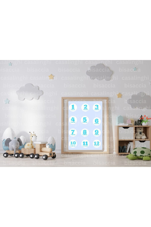 İngilizce 12 Aylık Bebek Etiketi 1-12 Months Puanlı Mavi Yeni Doğan Yuvarlak Sticker 4 Cm (84 Adet)