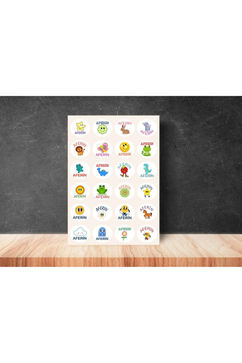 Karışık Aferin Okul Kurs Ödül Etiketi Yuvarlak Mat Çıkartma Round Reward Sticker 4 Cm (120 Adet)