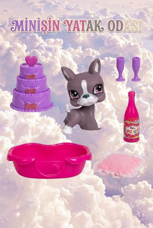 Petclub Sevimli Minişin Yatak Odası Oyun Seti Sevimli Gri Köpek ve Eğlenceli Aksesuarlı Çocuk Oyuncağı