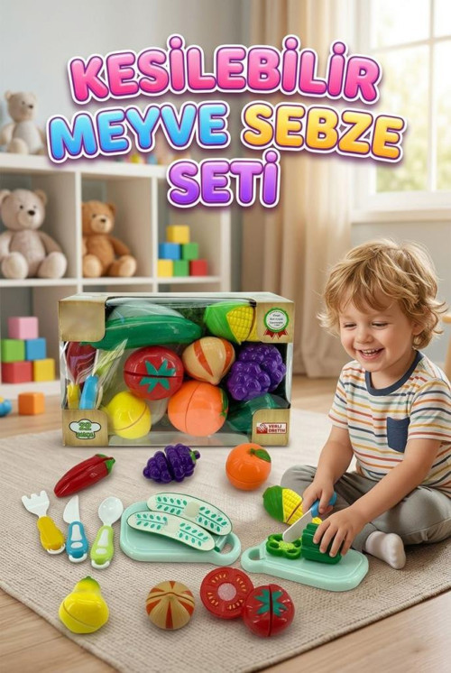 Kesilebilir Üzümlü Meyve ve Sebze Setim! 22 Parçalı Kesilebilir ve Cırt-Cırt Mekanizmalı Oyun Seti