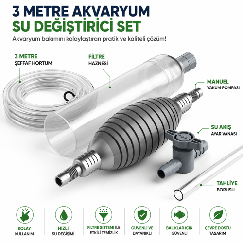 3 Metre Manuel Akvaryum Su Değiştirici Dip Süpürgesi Güçlü Vakumlu Kum Yıkayıcı Sifon Pompası Balık Tankı Temizlik Seti