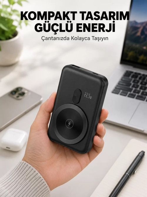 Manyetik Kablosuz Powerbank 22.5W Hızlı Şarj LCD Göstergeli Yeni Nesil