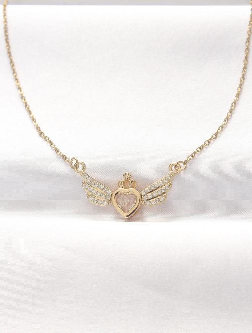 316L Çelik Gold Renk Zirkon Taşlı Kalpli Kanat Kolye - EBJ240521W24270