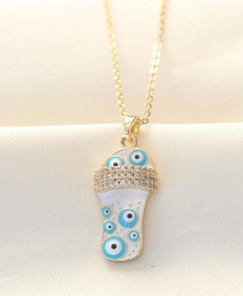 316L Zinciri Çelik Zirkon Taşlı Gold Renk Nazar Boncuklu Terlik Kolye - EBJ240521W24251