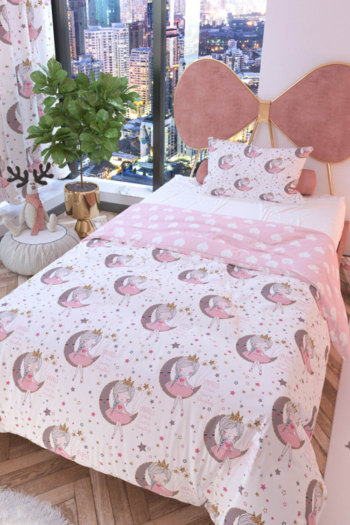 Ay Kız Beyaz Çift Taraflı Çocuk Nevresim Takımı Polycotton