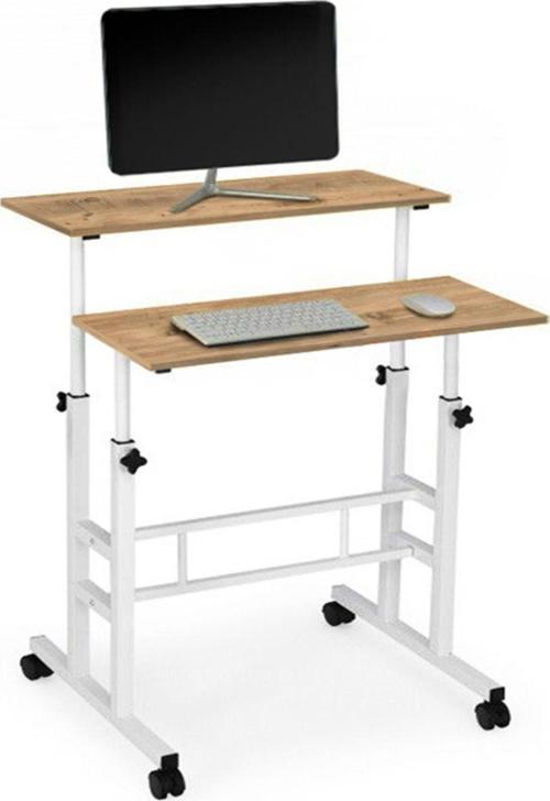 Yükseklik Ayarlı Bilgisayar/laptop Ve Çalışma Masası - Çam Beyaz 80x60 (TEKERLİ) Oval Kenar