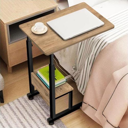 Yükseklik Ayarlı Raflı Yatak Sehpası - Atlantik Çam (TEKERLİ) Oval Kenar