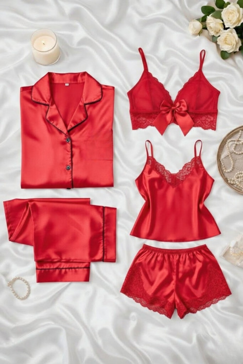 Kadın Saten 5’li Kutulu Çeyiz Seti Kırmızı-Saten Pijama Takımı,Saten Şortlu Takım,Büstiyer