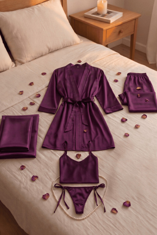 Kadın 6'Lı Premium Saten Gelin/Çeyiz Seti (Sabahlık, Pijama,Gecelik, Tanga ve Yastık Kılıfı)