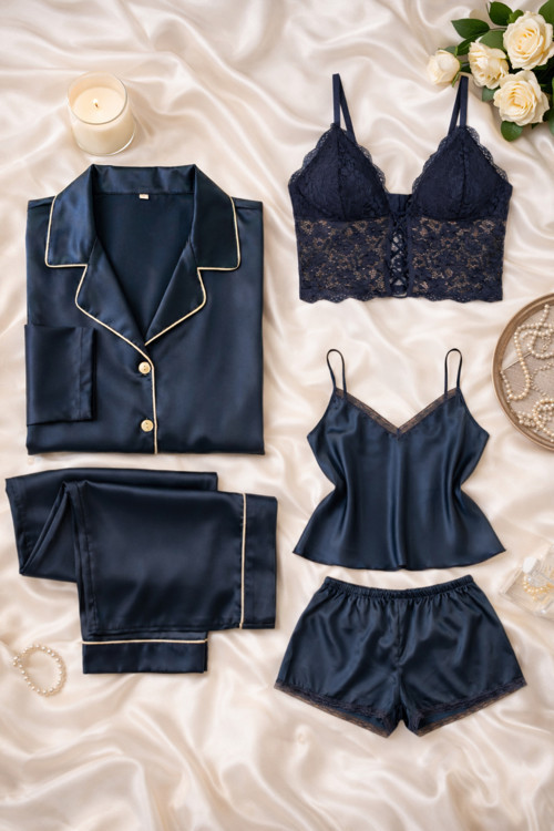 Kadın Saten 5’li Çeyiz Seti Sevgililer Günü Lacivert-Saten Pijama Takımı,Saten Şortlu Takım,Büstiyer