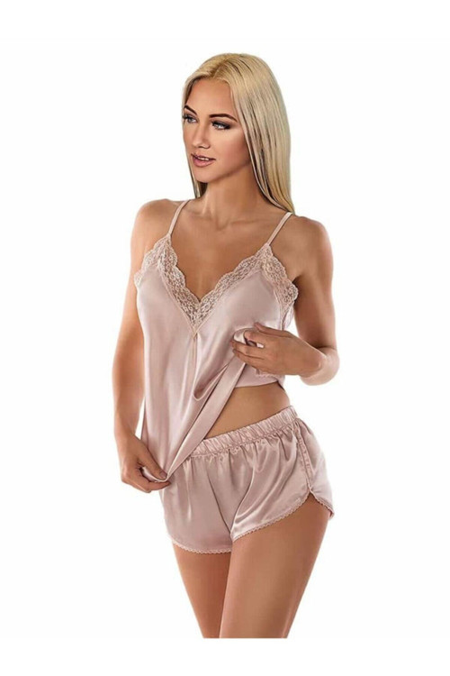 Kadın Pembe Saten Şortlu Takım 001-0004061