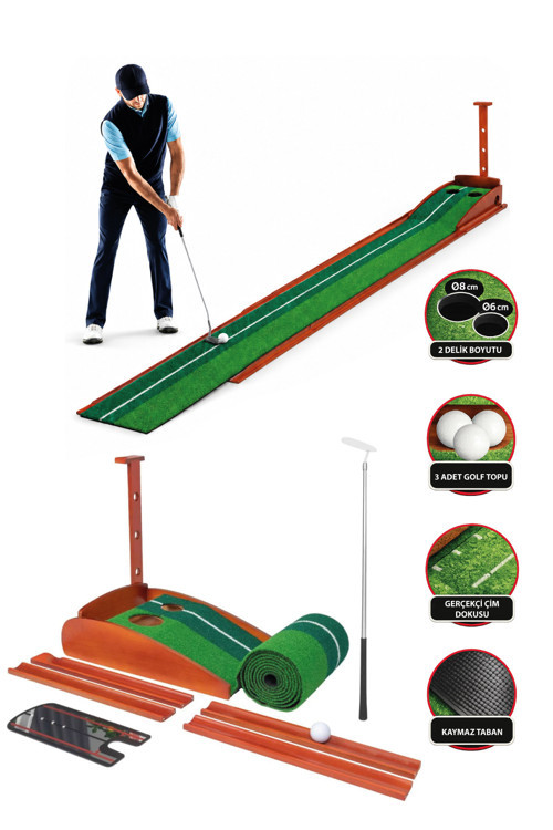 Golf Putt Matı Ahşap Otomatik Top Dönüşlü Golf Antrenman Seti 3 Toplu 2 Delikli