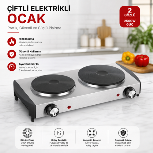 İki Gözlü Elektrikli Ocak Paslanmaz Çelik Gövde