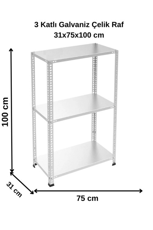 3 Katlı Galvaniz Çelik Raf - Depo, Arşiv, Kiler, Dosya, Market Rafı 31x75x100 cm