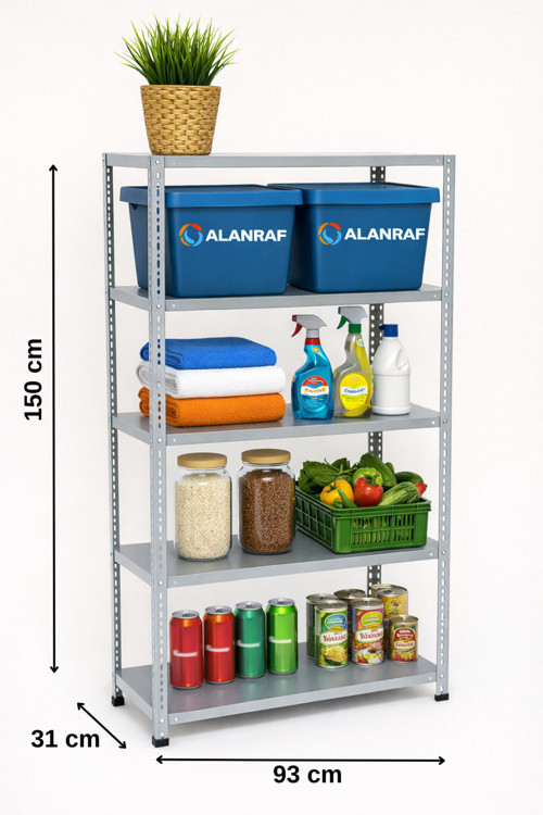 5 Katlı Galvaniz Çelik Raf - Depo, Arşiv, Kiler, Dosya, Market Rafı 31x93x150 Cm