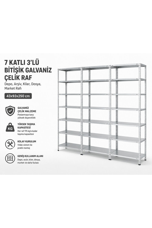 7 Katlı 3'lü Bitişik Galvaniz Çelik Raf - Depo, Arşiv, Kiler, Dosya, Market Rafı, Çok Amaçlı Raf 43x93x250 cm