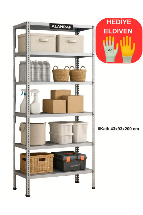 Çelik Raf 6 Katlı 43x93x200 Dekoratif Raf Sistemleri, Depo rafı, Arşiv rafı, Kiler rafı