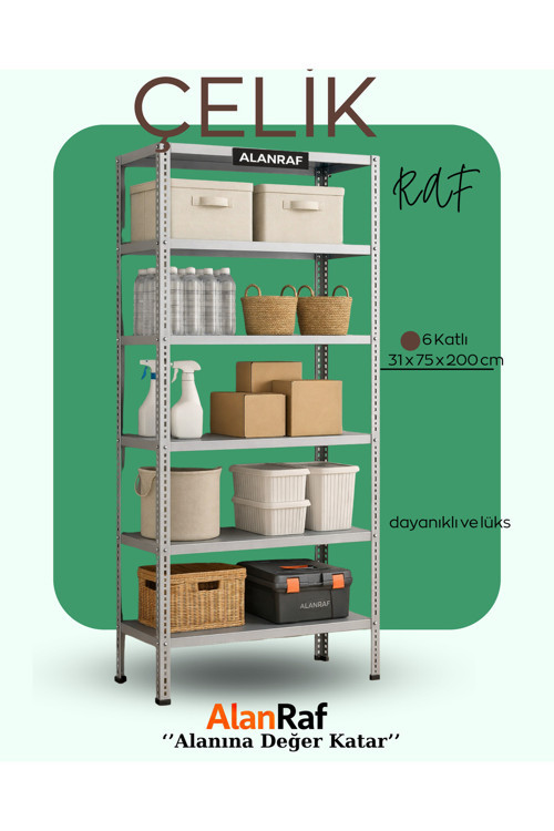 6 Katlı Galvaniz Çelik Raf 31x75x200 cm Hırdavat, Market, Ofis, Banyo, Depo, Mutfak, Raf Sistemleri