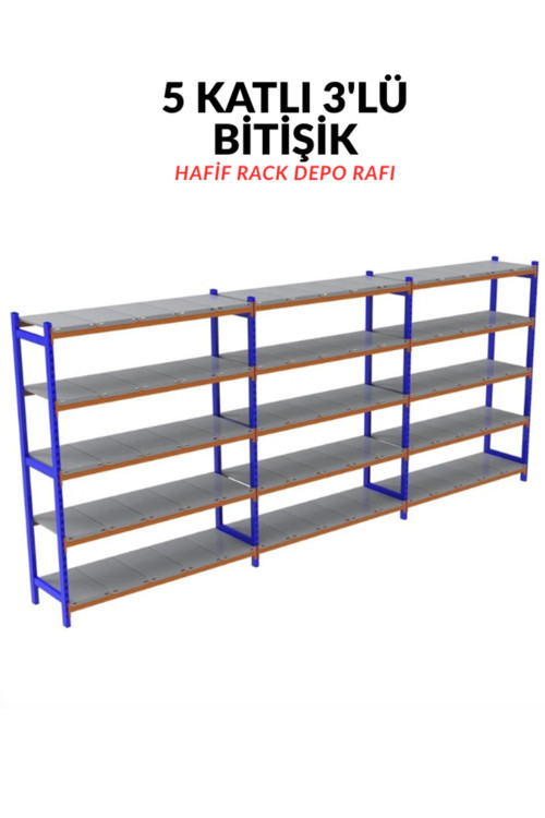 Alan Raf 5 Katlı 3'lü Depo Rafı - 300-350 Kg Taşıma Kapasiteli Hafif Rack Raf 60x90x200 Cm